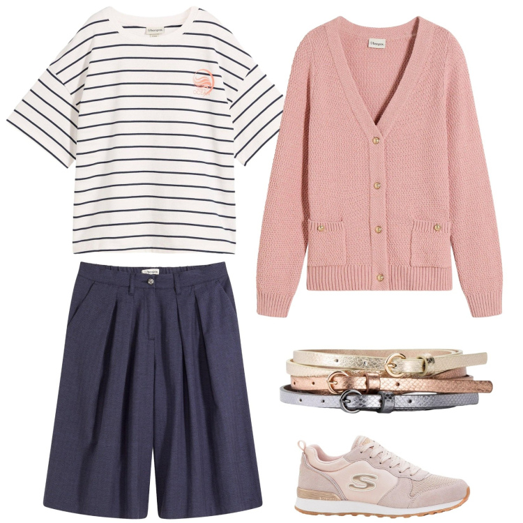 Outfit donna - Col cardigan rosa. Stile Casual per Tutti i giorni. Abbinamento con cinture, sneakers, bermuda, cardigans, t-shirt.