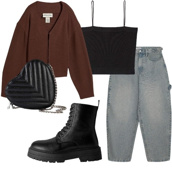 Outfit donna - Decisa & Romantica. Stile Urban per Tutti i giorni. Abbinamento con cardigans, borse a tracolla, jeans, anfibi, canottiere.