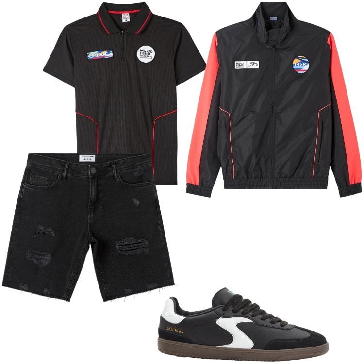 Outfit uomo - Dark matter. Stile Biker Rock per Mare. Abbinamento con sneakers, polo, shorts, giacche.