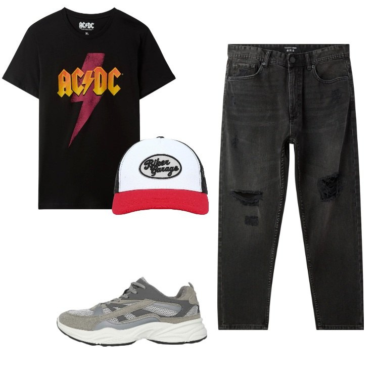 Outfit uomo - Who Knows Who. Stile Trendy per Tutti i giorni. Abbinamento con jeans strappati, cappelli con visiera, sneakers, t-shirt.