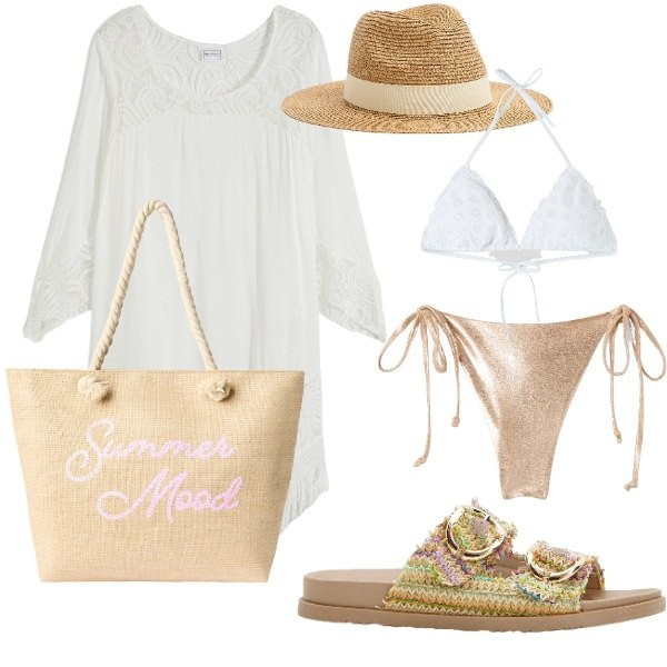 Outfit donna - Sea Star. Stile Bon Ton per Mare. Abbinamento con vestiti da spiaggia, ciabatte, cappelli, bikini, bikini, borse tote.