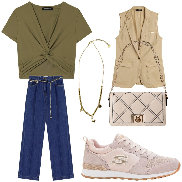 Outfit donna - Back to style:il rientro con stile. Stile Sporty chic per Scuola/Università. Abbinamento con sneakers, borse a tracolla, jeans, gilet, t-shirt, ciondoli.