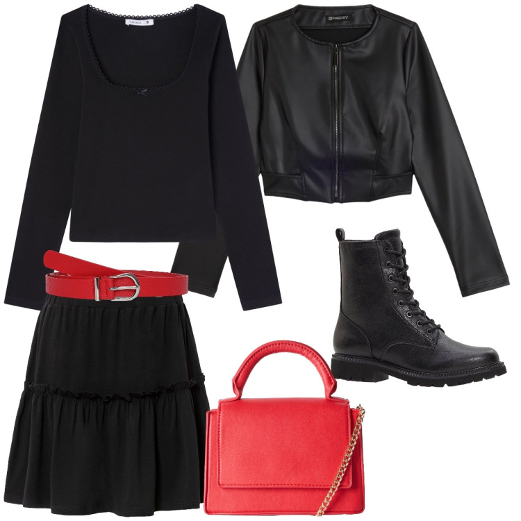 Outfit donna - Total look #2237503. Stile Rock per Tutti i giorni. Abbinamento con gonne, stivaletti, cinture, borse a tracolla, t-shirt, giacche.