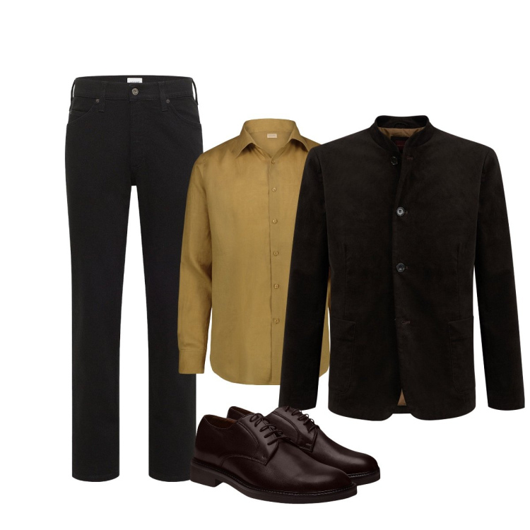 Outfit uomo - La camicia senape Doppelganger. Stile Business/Elegante per Ufficio. Abbinamento con jeans dritti, giacche, scarpe stringate, camicie.