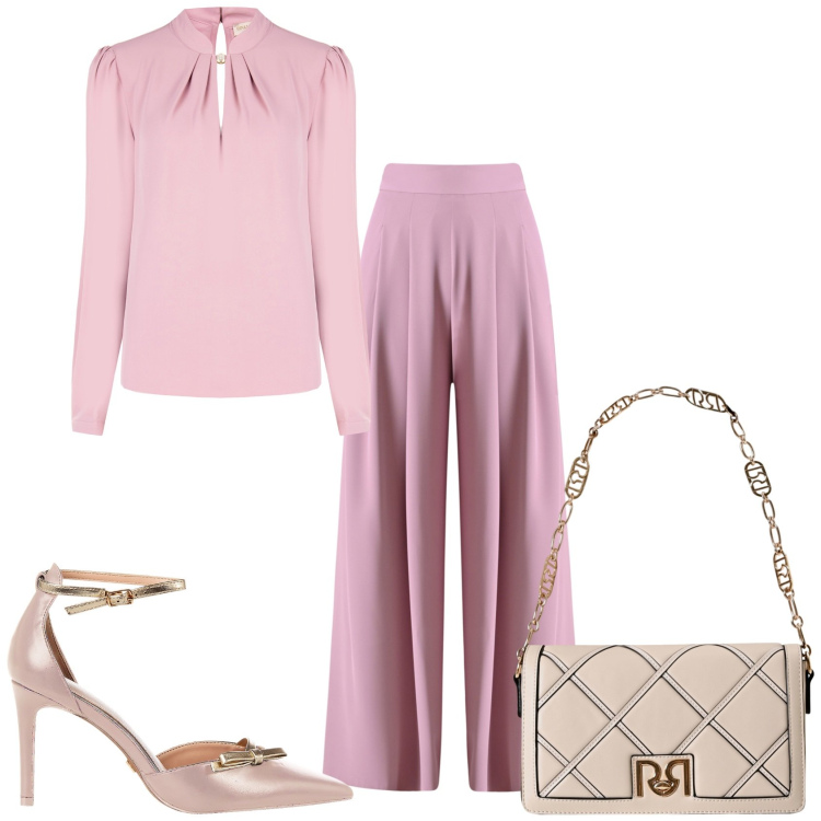 Outfit donna - Elegante con stile. Stile Glamour per Tutti i giorni. Abbinamento con bluse, pantaloni a palazzo, décolleté, borse a tracolla.