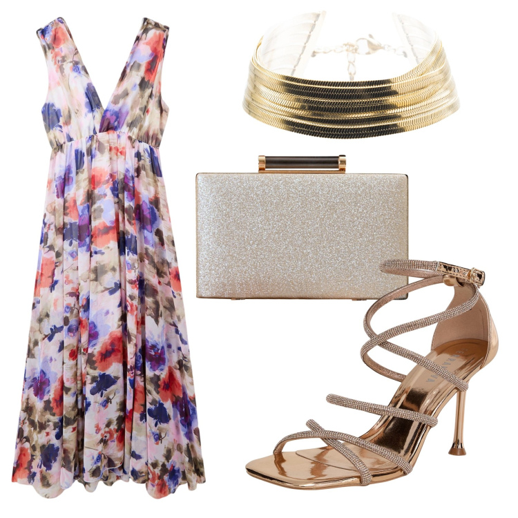 Outfit donna - Brillare. Stile Romantica per Cerimonia. Abbinamento con vestiti lunghi, sandali col tacco, clutch, braccialetti.