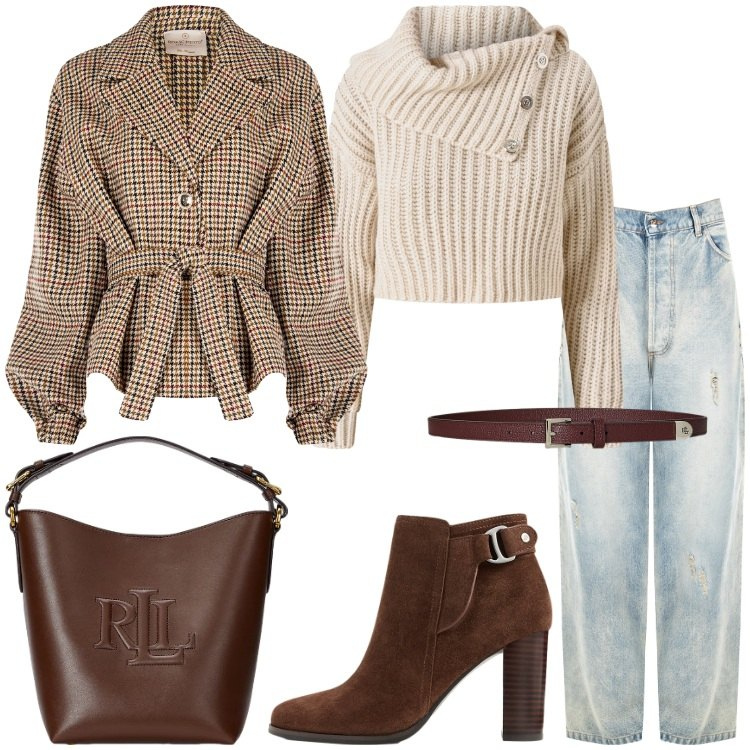 Outfit donna - Rinascimento - Nuova collezione FW26. Stile Urban per Tutti i giorni. Abbinamento con maglieria, jeans, caban, stivaletti, borse a secchiello, cinture.
