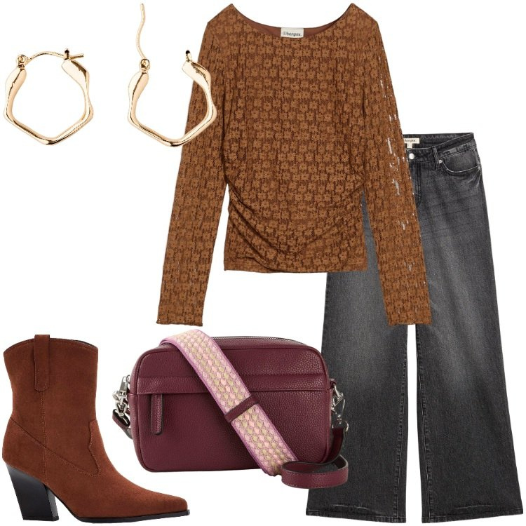 Outfit donna - bonprix pizzo e denim!. Stile Trendy per Tutti i giorni. Abbinamento con maglieria, borse a tracolla, jeans, orecchini, stivaletti texani.