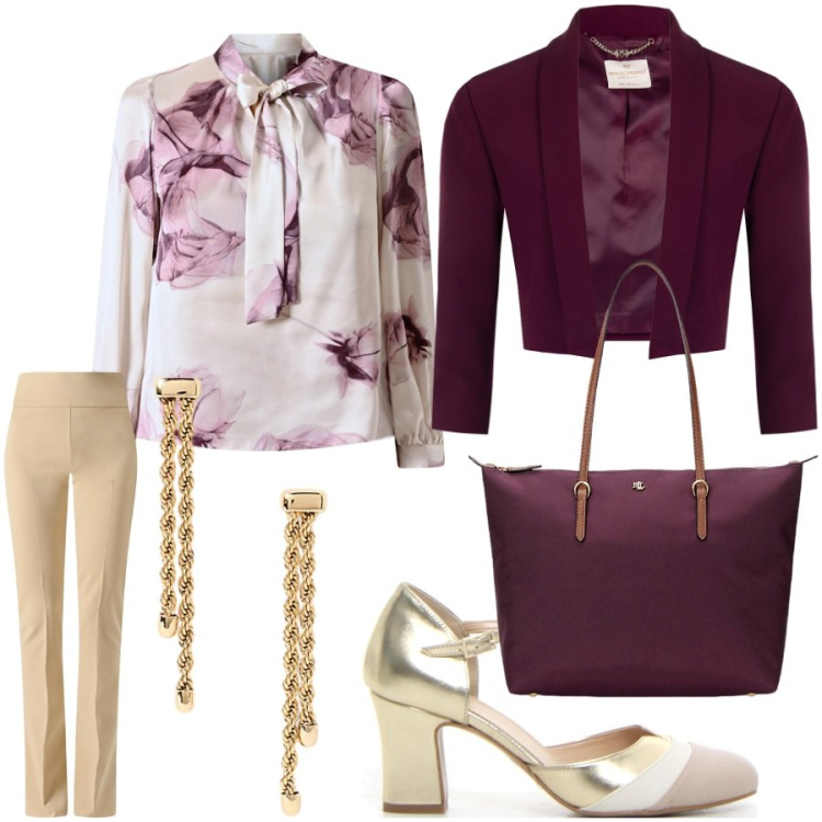 Outfit donna - Borgogne. Stile Romantica per Serata fuori. Abbinamento con bluse, pantaloni, blazer, orecchini, borse tote, sandali col tacco.