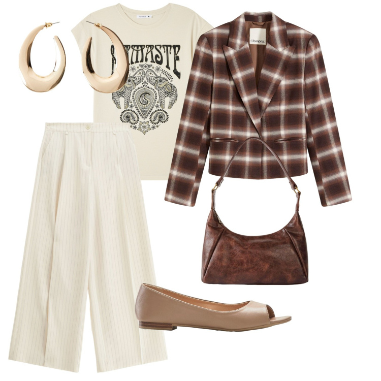 Outfit donna - Serate tra amici. per Serata fuori. Abbinamento con orecchini, borse a mano, ballerine, blazer, t-shirt, pantaloni a palazzo.