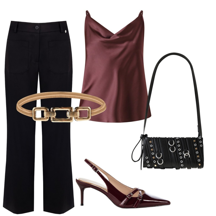 Outfit donna - Top. Stile Chic per Serata fuori. Abbinamento con canottiere, borse a spalla, pantaloni, décolleté, cinture.