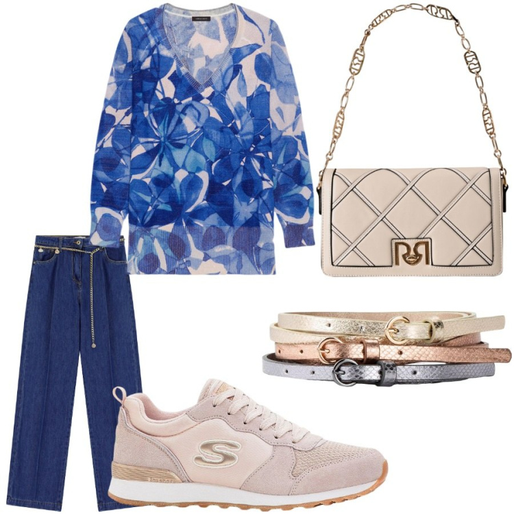 Outfit donna - Total look #2237519. Stile Casual per Tutti i giorni. Abbinamento con cinture, sneakers, borse a tracolla, jeans, maglieria.