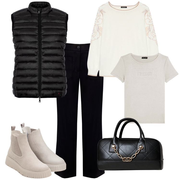 Outfit donna - Trendy per tutti I giorni. Stile Trendy per Ufficio. Abbinamento con stivaletti, pantaloni, borse a mano, t-shirt, piumini, maglieria.