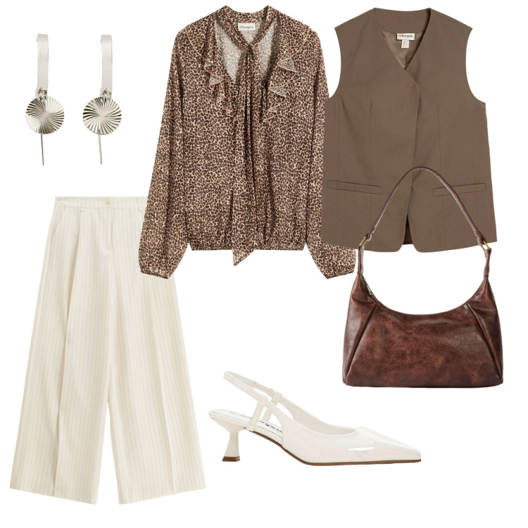 Outfit donna - Primo giorno di scuola. per Scuola/Università. Abbinamento con borse a mano, camicie, gilet, décolleté, orecchini, pantaloni a palazzo.