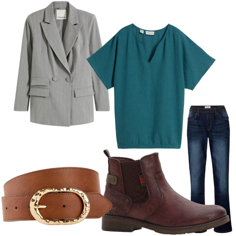 Outfit donna - Giacca grigia. Stile Casual chic per Tutti i giorni. Abbinamento con blazer, bluse, cinture, stivaletti, jeans dritti.