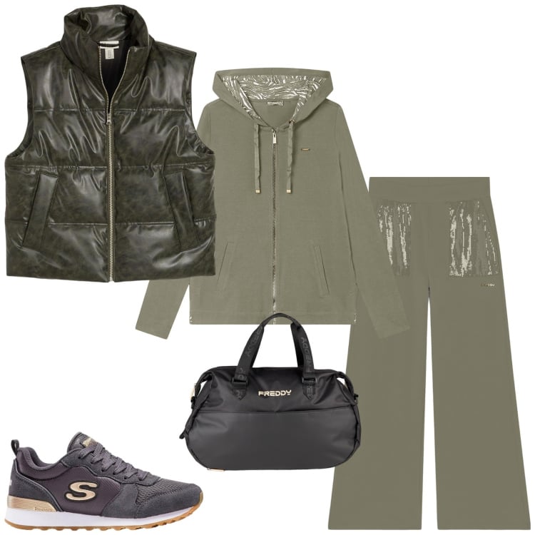 Outfit donna - Sporty per ogni giorno. Stile Sporty chic per Tutti i giorni. Abbinamento con sneakers, piumini, pantaloni, felpe con cappuccio, borse sportive.