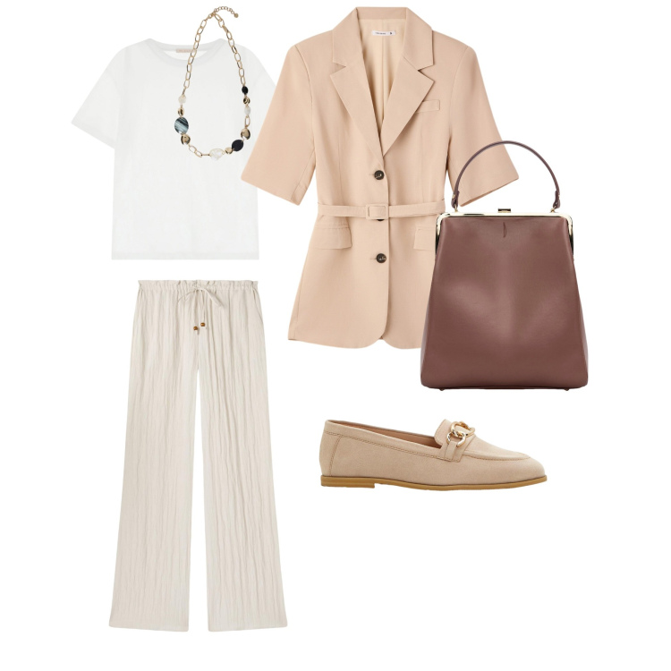 Outfit donna - Rientro in ufficio. Stile Basic per Scuola/Università. Abbinamento con mocassini, blazer, pantaloni, t-shirt, borse a spalla, collane.