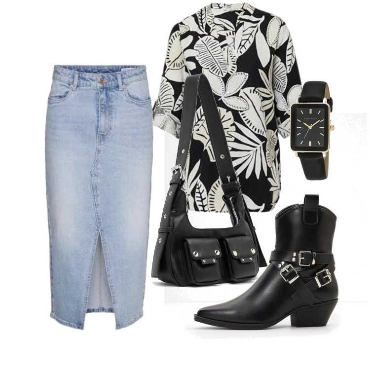 Outfit femme - Août. Style Tendance pour Tous les jours. Assortir avec bottines texanes, jupes au genou, sacs à main, montres, tuniques.