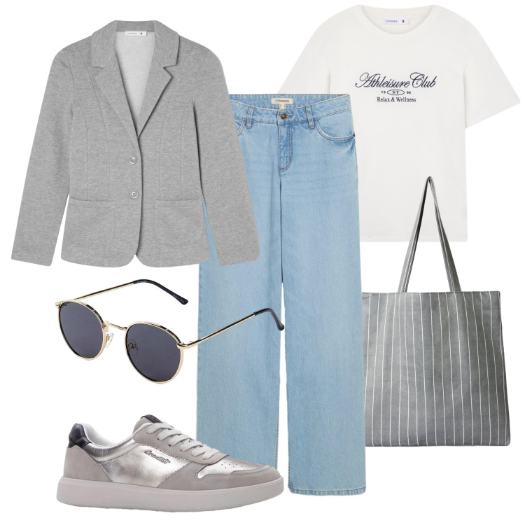 Outfit donna - La giacca in felpa. Stile Urban per Tutti i giorni. Abbinamento con jeans dritti, occhiali da sole, sneakers, blazer, shopping bag, t-shirt.
