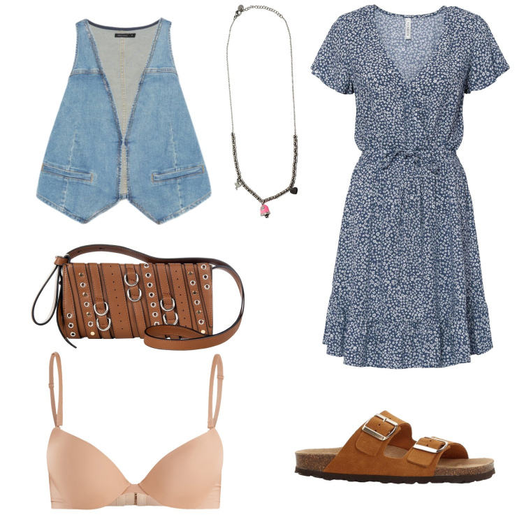 Outfit donna - Per un look boho. Stile Boho per Tutti i giorni. Abbinamento con vestiti corti, ciabatte, reggiseni push-up, borse a spalla, ciondoli, gilet.