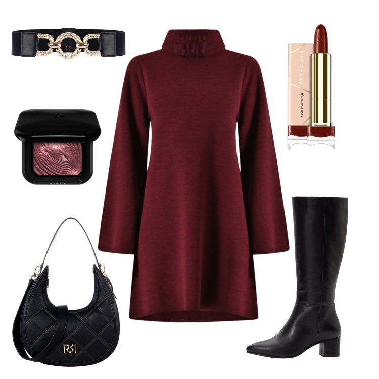 Outfit donna - L’abito in maglia bordeaux. Stile Casual chic per Tutti i giorni. Abbinamento con stivali, ombretti, rossetti, vestiti corti, borse a tracolla, cinture.