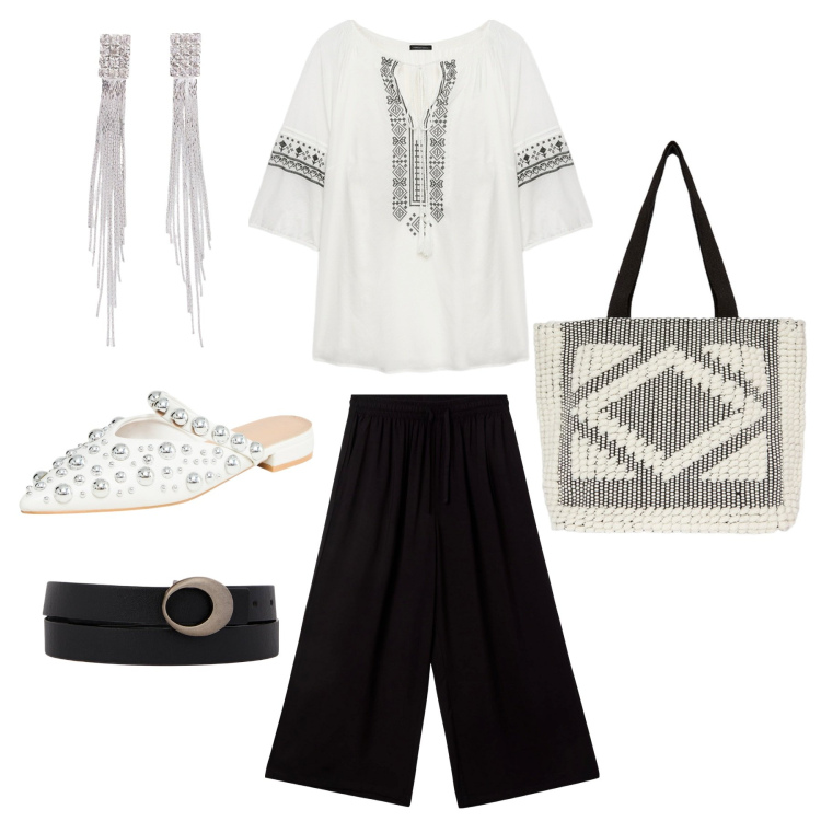 Outfit donna - In bianco e nero. Stile Boho per Serata fuori. Abbinamento con orecchini, ballerine, pantaloni a palazzo, shopping bag, cinture, bluse.