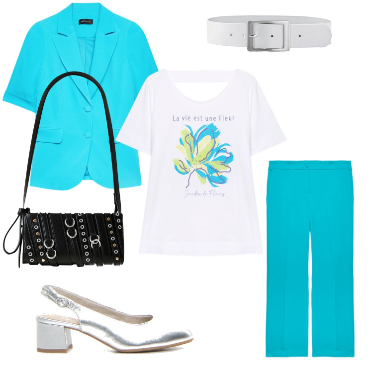 Outfit donna - Un outfit colorato. Stile Chic per Serata fuori. Abbinamento con cinture, borse a spalla, t-shirt, blazer, pantaloni, décolleté.