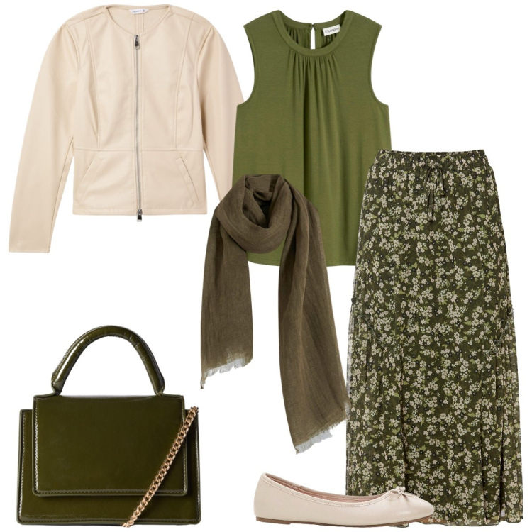 Outfit donna - Autunno. Stile Romantica per Tutti i giorni. Abbinamento con gonne, ballerine, top, sciarpe, blazer, borse a tracolla.