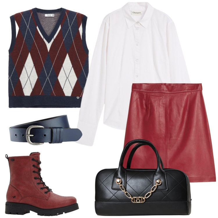 Outfit donna - In città. Stile Preppy per Tutti i giorni. Abbinamento con minigonne, stivaletti, cinture, camicie, borse a mano, gilet.