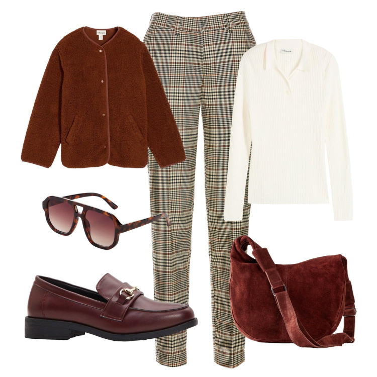 Outfit donna - Bordeaux e fantasia cheks!. Stile Casual per Ufficio. Abbinamento con mocassini, pantaloni, blazer, occhiali da sole, borse a mano, polo.