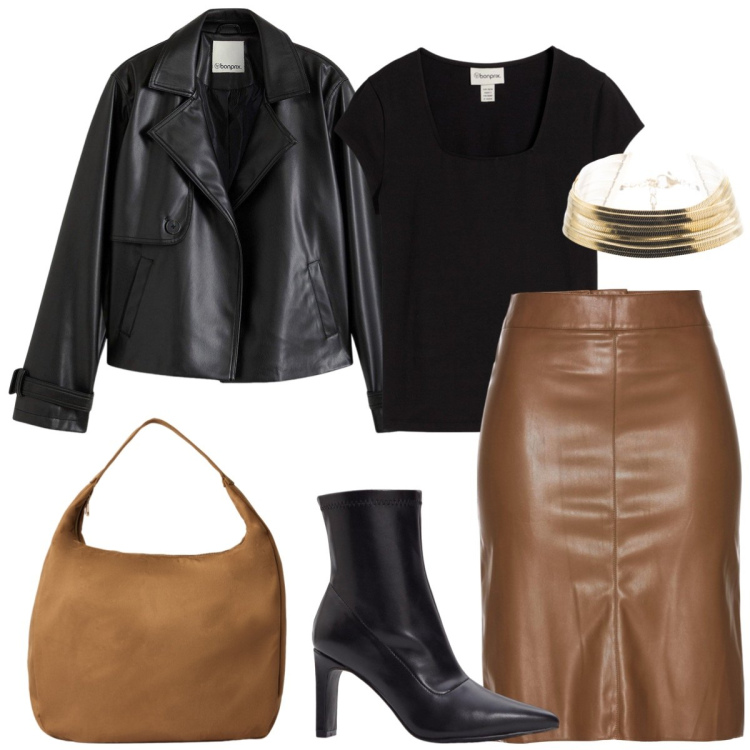 Outfit donna - In pelle. Stile Casual chic per Tutti i giorni. Abbinamento con t-shirt, stivaletti, gonne longuette, trench, borse a mano, braccialetti.