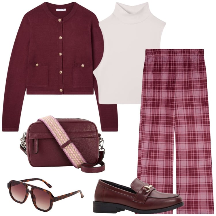 Outfit donna - Quadri. Stile Mannish per Tutti i giorni. Abbinamento con mocassini, borse a tracolla, occhiali da sole, cardigans, pantaloni, top.