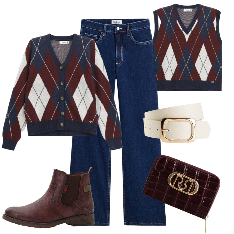 Outfit donna - Autunno: il twinset Oxford style. Stile Casual per Tutti i giorni. Abbinamento con stivaletti, cinture, jeans, portafogli, cardigans, gilet.
