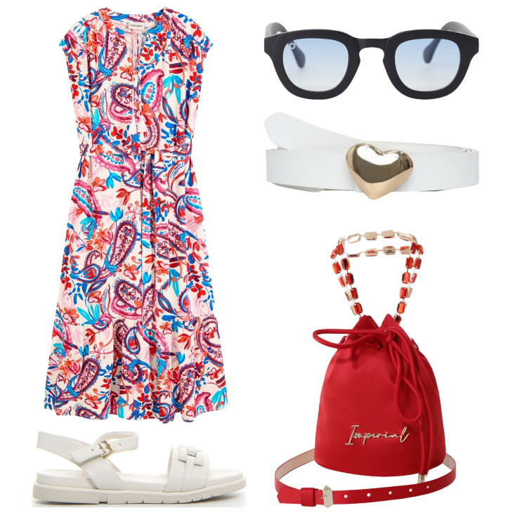 Outfit donna - L\'abito colorato. Stile Vintage retrò per Serata fuori. Abbinamento con vestiti chemisier, cinture, borse a secchiello, occhiali da sole, sandali.