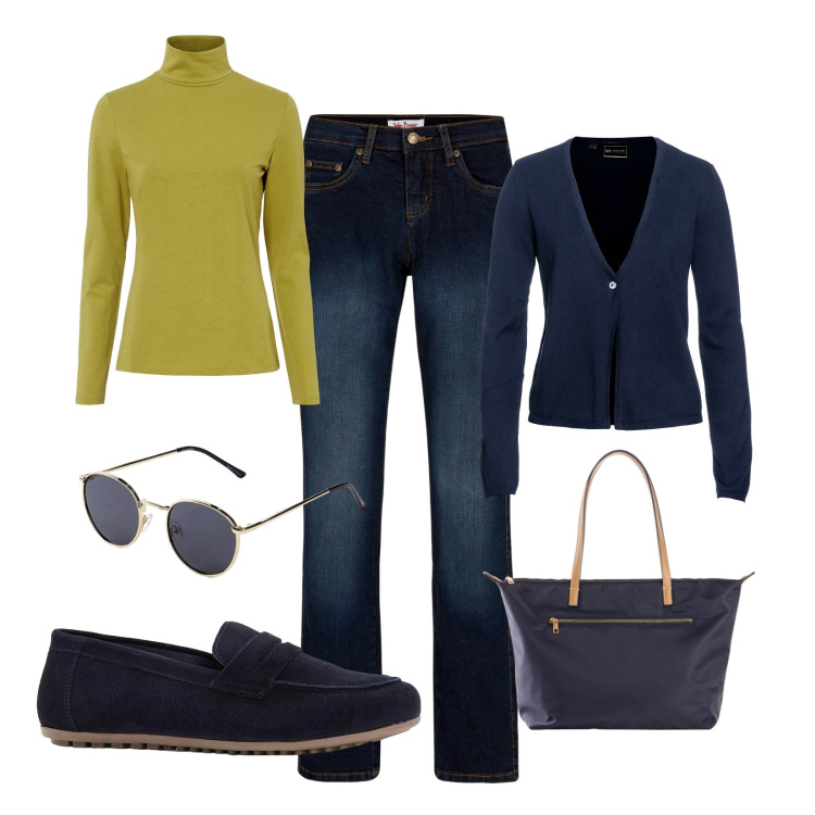 Outfit donna - Blu navy e lime!. Stile Casual per Tutti i giorni. Abbinamento con mocassini, maglieria, jeans dritti, occhiali da sole, shopping bag, cardigans.