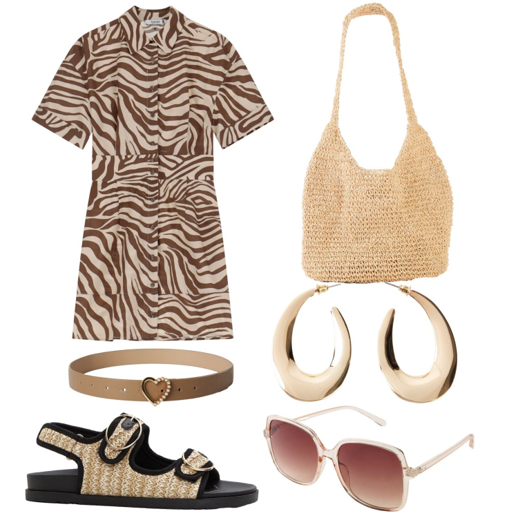 Outfit donna - A passeggio. Stile Trendy per Tutti i giorni. Abbinamento con orecchini, occhiali da sole, sandali, shopping bag, cinture, vestiti corti.