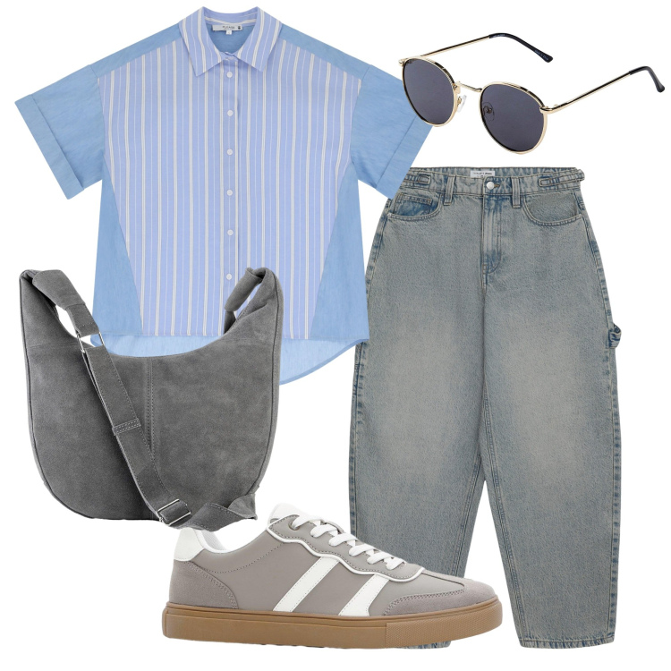 Outfit donna - Molto Easy. Stile Casual per Tutti i giorni. Abbinamento con borse a mano, occhiali da sole, sneakers, jeans, camicie a manica corta.