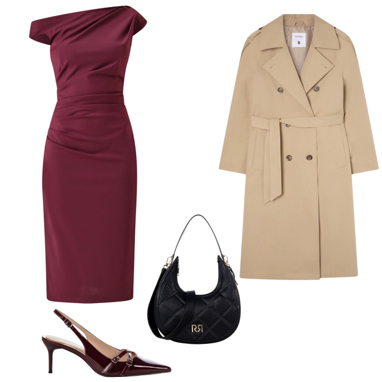 Outfit donna - Sera cena con marito. Stile Casual chic per Serata fuori. Abbinamento con trench, vestiti a tubino, borse a tracolla, décolleté.