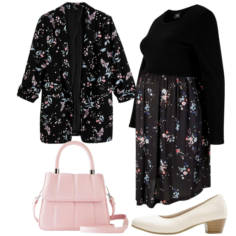 Outfit donna - Bebè in arrivo. Stile Bon Ton per Serata fuori. Abbinamento con blazer, décolleté, vestiti, borse a tracolla.