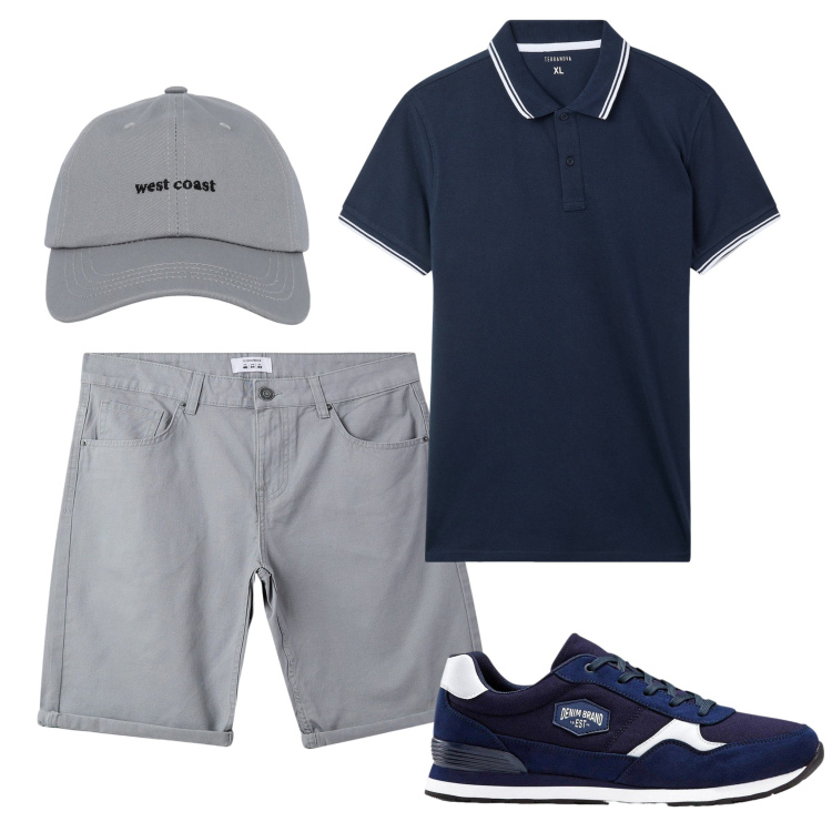 Outfit uomo - Grigio e blu. Stile Casual per Tutti i giorni. Abbinamento con sneakers, cappelli con visiera, polo, bermuda.