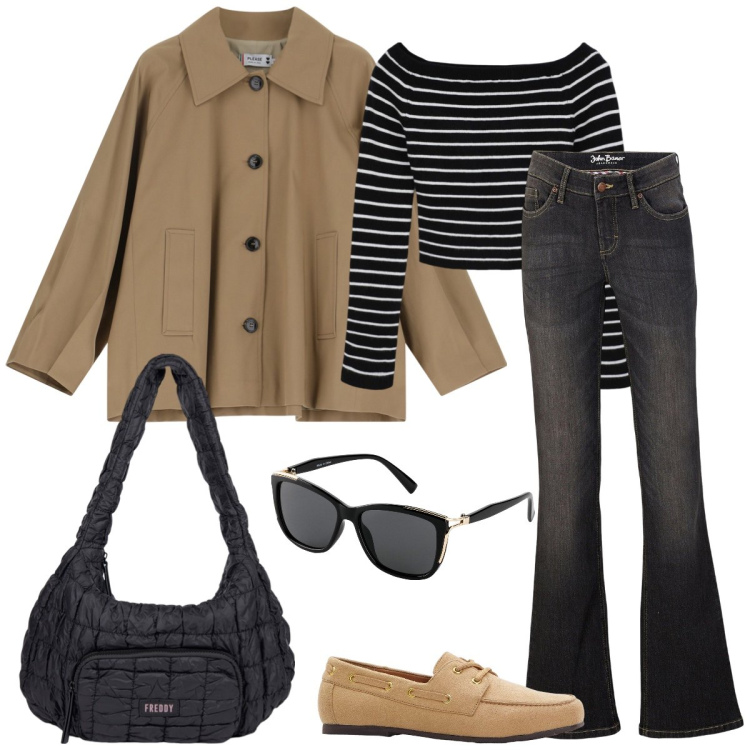 Outfit donna - In città. Stile Casual per Tutti i giorni. Abbinamento con mocassini, occhiali da sole, jeans bootcut, maglieria, blazer, borse a spalla.