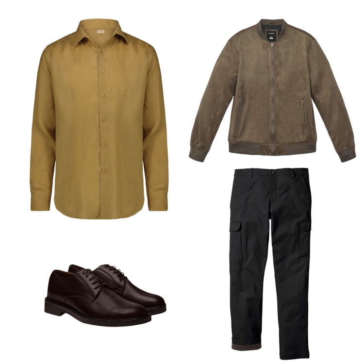 Outfit uomo - Sera con amici. Stile Casual per Serata speciale. Abbinamento con pantaloni cargo, giacche, scarpe stringate, camicie.