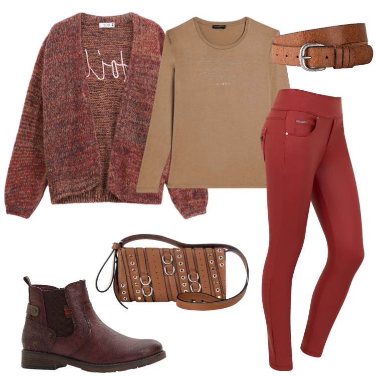 Outfit donna - Passeggiata. Stile Casual per Tutti i giorni. Abbinamento con cinture, stivaletti, borse a spalla, cardigans, jeans skinny, t-shirt.