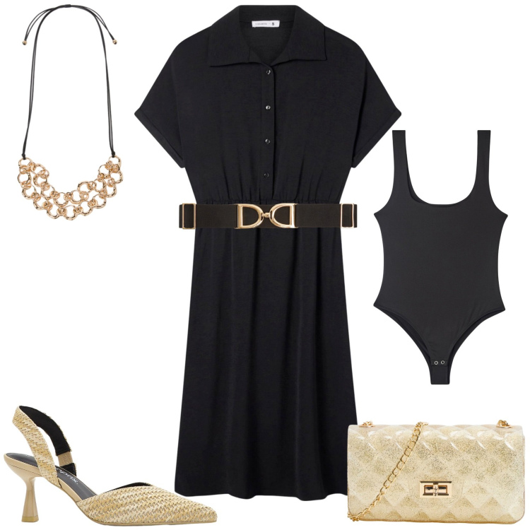 Outfit donna - Serata speciale. Stile Bon Ton per Serata fuori. Abbinamento con décolleté, vestiti chemisier, cinture, borse a tracolla, body, collane.