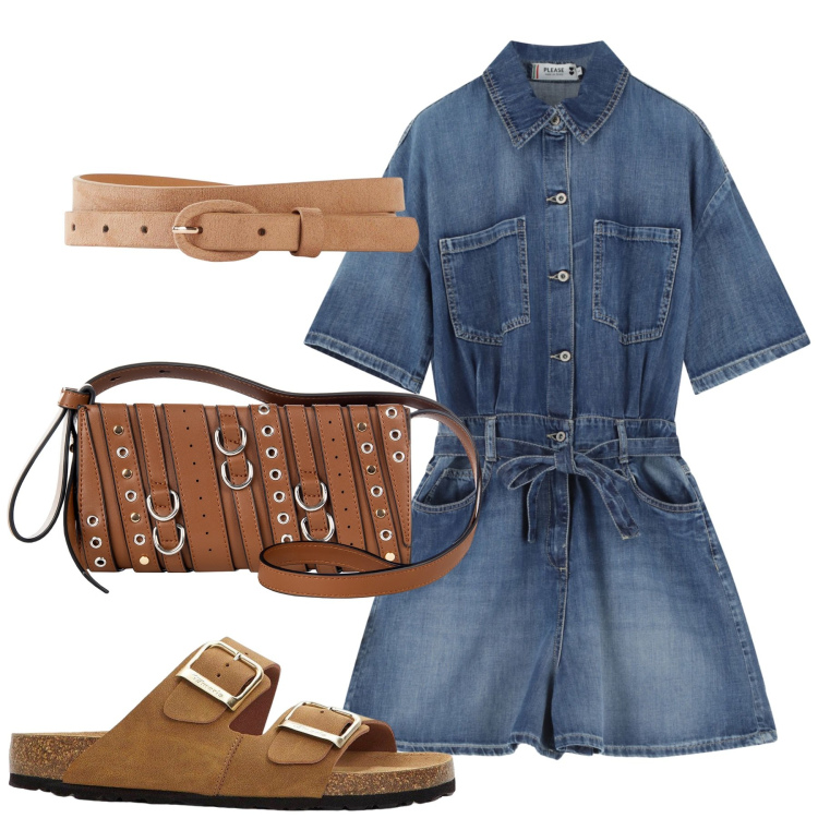 Outfit donna - Total look #2237586. Stile Basic per Tutti i giorni. Abbinamento con cinture, ciabatte, borse a spalla, tuta corta.