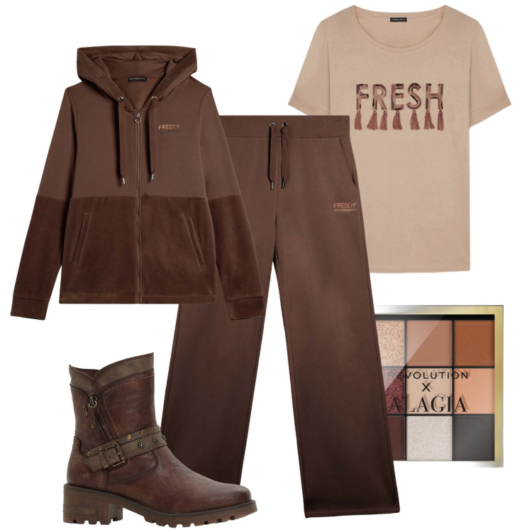 Outfit donna - Autunno sportivo. Stile Casual per Tutti i giorni. Abbinamento con stivaletti, ombretti, felpe con cappuccio, pantaloni, t-shirt.