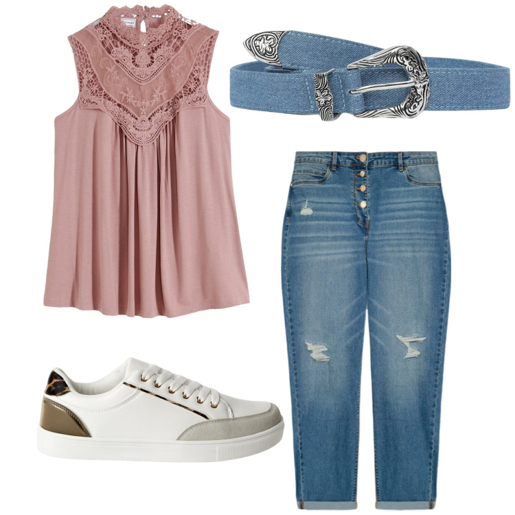 Outfit donna - Total look #2237589. Stile Basic per Tutti i giorni. Abbinamento con top, cinture, sneakers, jeans strappati.