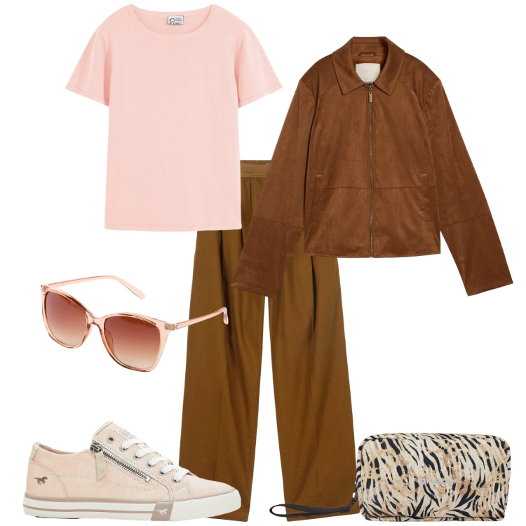 Outfit donna - Settembre. Stile Casual per Tutti i giorni. Abbinamento con blazer, sneakers, occhiali da sole, t-shirt, valigie, pantaloni.