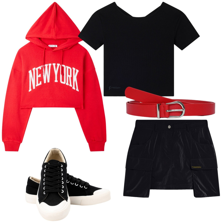 Outfit donna - Total look #2237594. Stile Minimal per Tutti i giorni. Abbinamento con cinture, felpe con cappuccio, minigonne, t-shirt, sneakers.