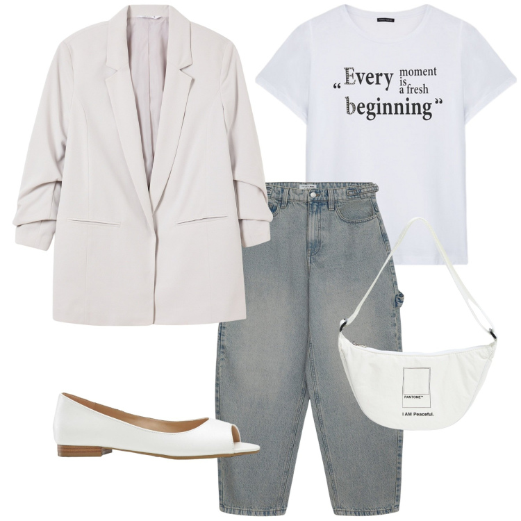 Outfit donna - Total look #2237597. Stile Glamour per Ufficio. Abbinamento con ballerine, marsupi, jeans, blazer, t-shirt.